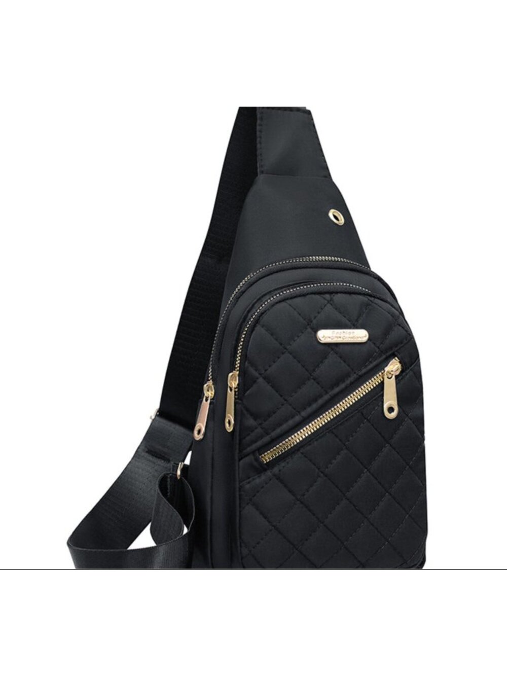 Quilted Black Nylon Crossbody Sling Bag With Gold Zippers & Adjustable Strap - L - Picture 3 of 8
